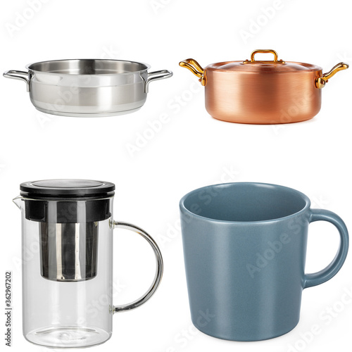 Collage of crockery items on white background
