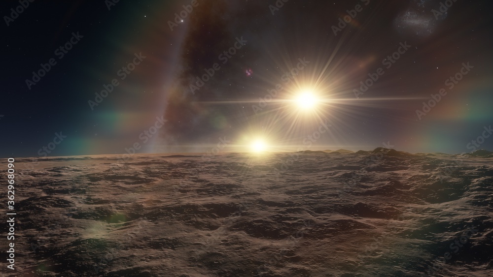 Obraz premium science fiction wallpaper, cosmic landscape, realistic exoplanet, beautiful alien planet in far space, detailed planet surface 3d render