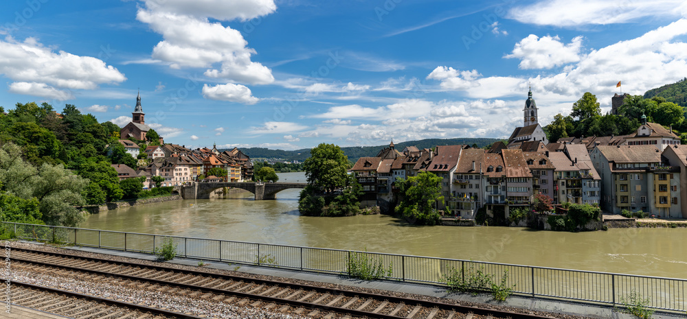 Fototapeta premium panorama view of the idyllic border town of Laufenburg on the Rhine in northern Switzerland