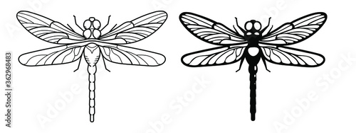 Laser cutting template. Set of dragonfly. Linear art. Abstract geometric dragonfly insect. Stencil for decorative panel of wood, metal, paper. Vector illustration.