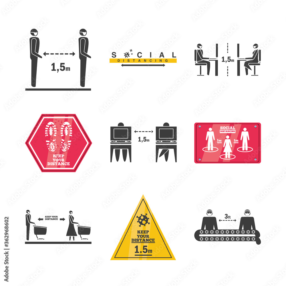 Naklejka premium set of icons social distancing, risk of infection coronavirus or covid 19