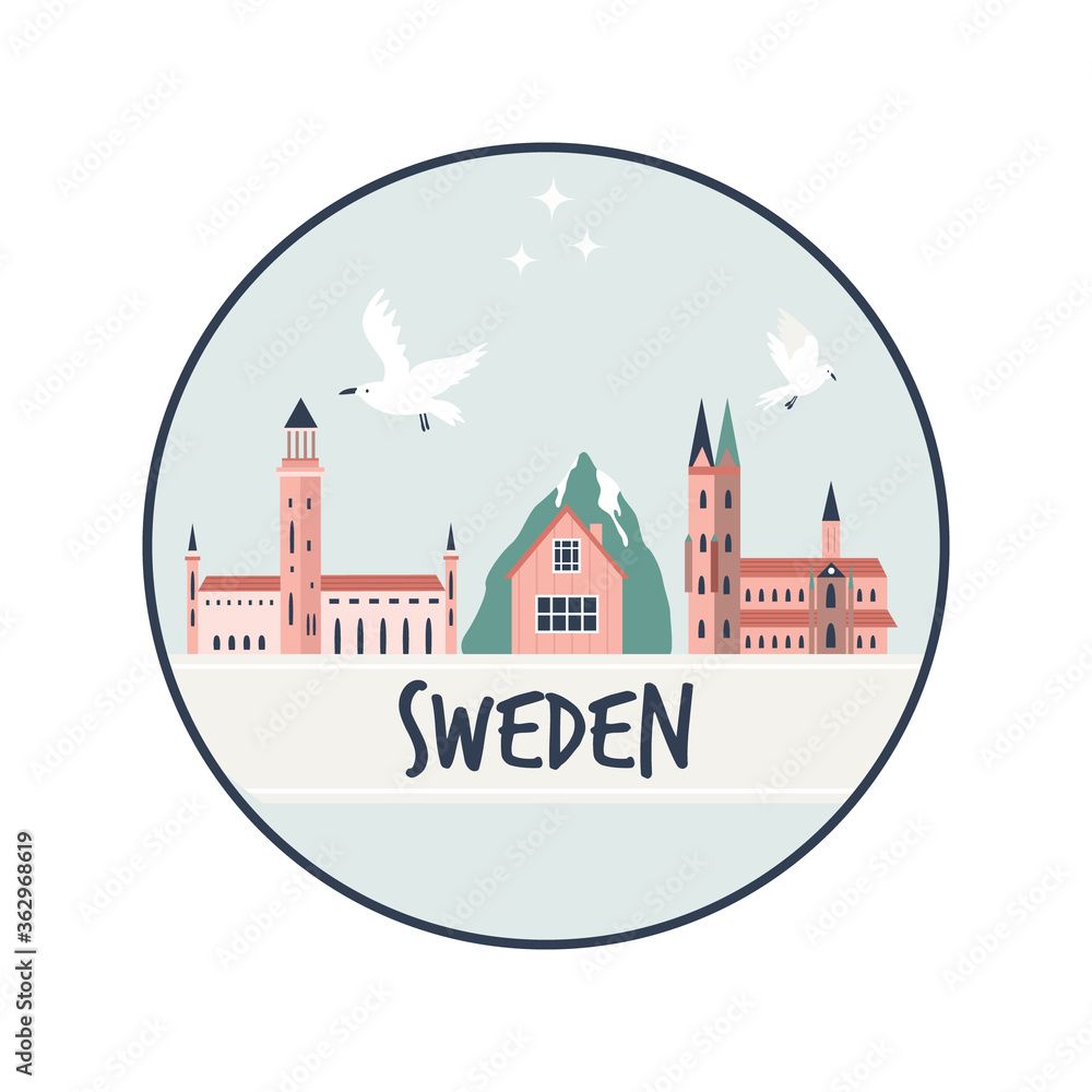 Circle abstract design with landmarks of Sweden. Explore Sweden concept image.