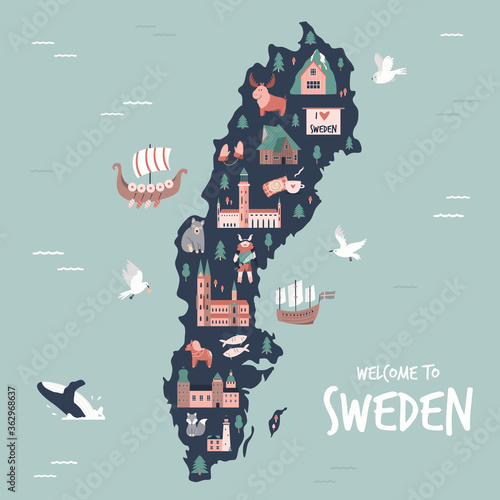 Illustrated map of Sweden with symbols, icons, famous destinations, attractions.