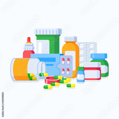Various medical bottles, tablets, pharmacy products, medicines, antibiotics. Vector illustration.