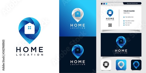 Home location logo and business card design. pin, map, location, home, house, icon, building Premium Vector