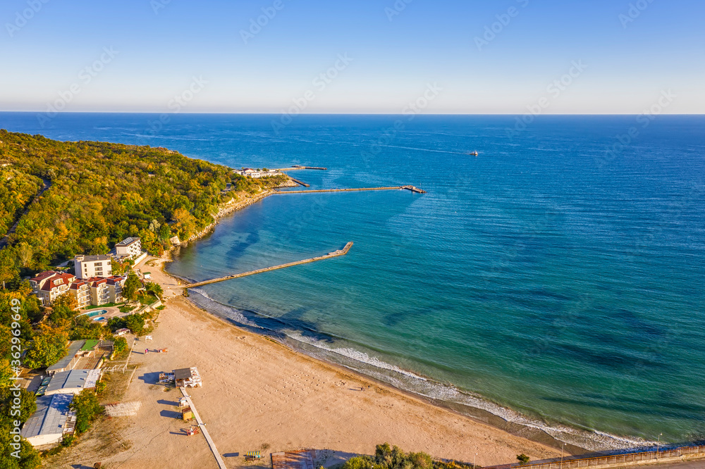 A beautiful aerial view from drone to coastline with bay and beach