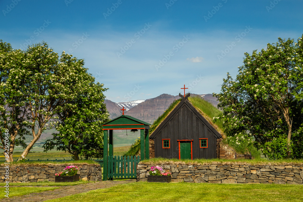 Obraz premium Vidimyrarkirkja, a church in Northern Iceland, in Skagafjordur
