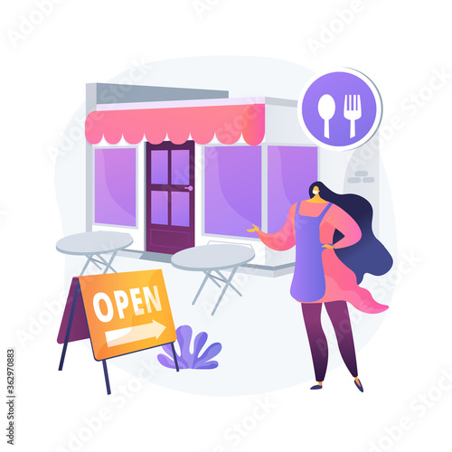 Restaurants reopening abstract concept vector illustration. Pandemic business adaptation, outdoor seating area, outside dining, table spacing, social and physical distancing abstract metaphor.
