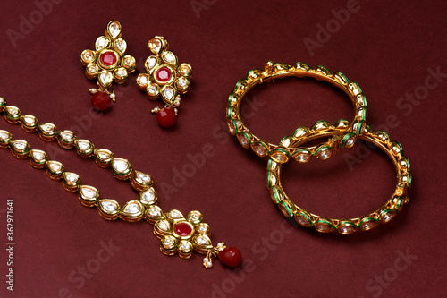 Indian jewellery accessories on  background,kundan necklace set, Indian Traditional Gold Jewellery,Indian wedding jewellery
