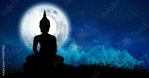 The Buddha meditated among many stars and a large moon.