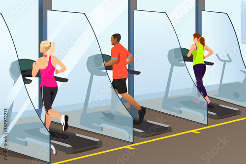People Running on Treadmill Inside a Gym During Pandemic Vector Illustration