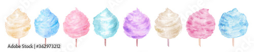 Set of vanilla, strawberry, mint, berry cotton candy in a stick vintage watercolor illustration isolated on a white background suitable for food design © Irina