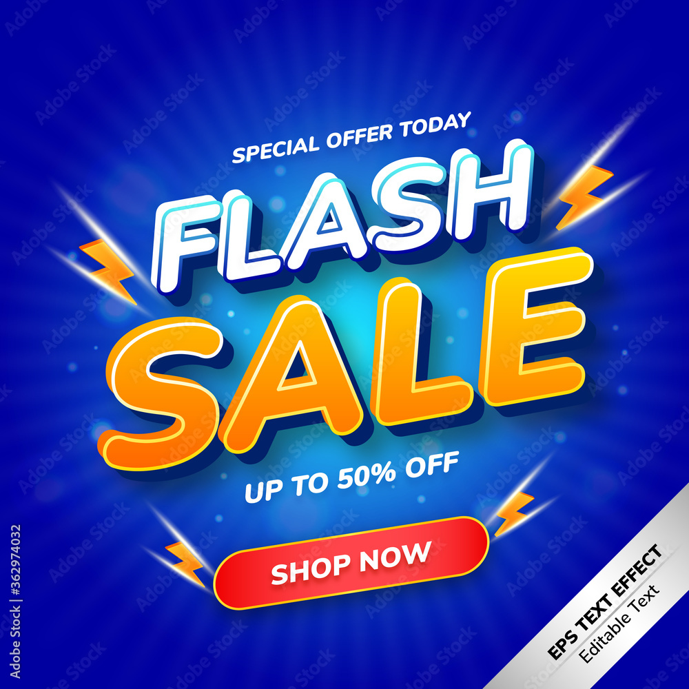 Flash sale text effect special offer today, gradient blue, white, orange, yellow, suitable for banner, background, flyer, social media template