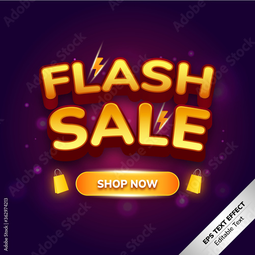 Flash sale text effect shop now, gradient purple, orange, yellow, suitable for banner, background, flyer, social media template