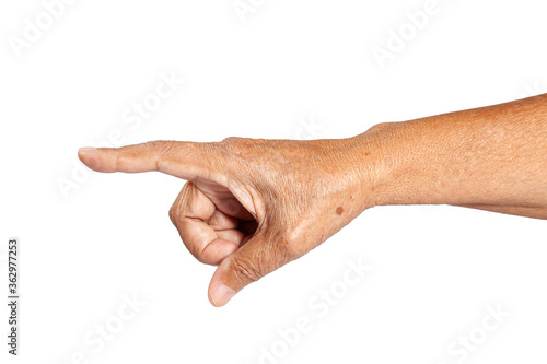 Senior woman's wrinkled hand Isolated on white background With Clipping path . Old hands of senior lady with freckles and clearly visible veins reaching