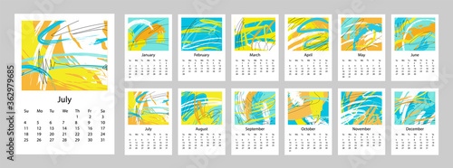 2021 Calendar design set of 12 months. 2021 Week starts on Sunday.  Vertical Template A4 or A3 format. Business planner. Stationery design.  Abstract artistic free style vector illustration. 