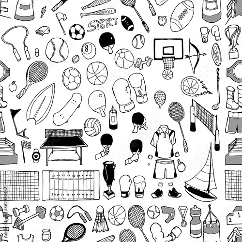 Sport doodle background seamless pattern. Drawing vector illustration hand drawn eps10