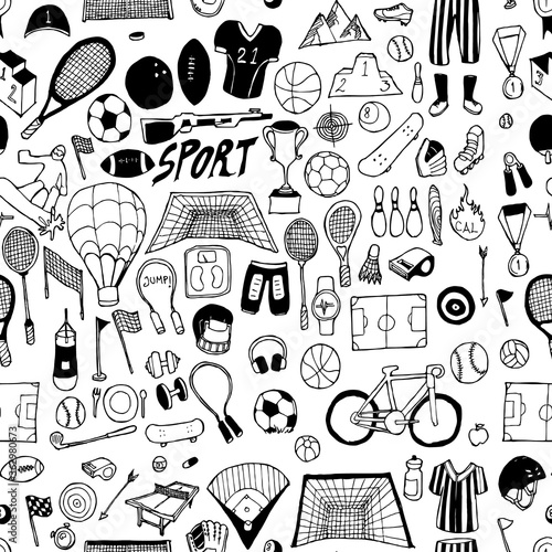 Sport doodle background seamless pattern. Drawing vector illustration hand drawn eps10