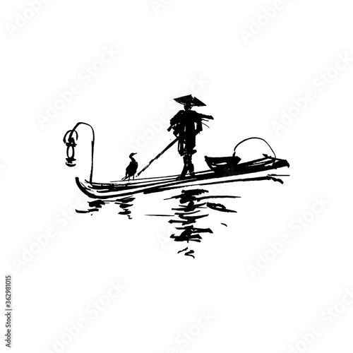 Vietnamese fisherman on a boat with a bird