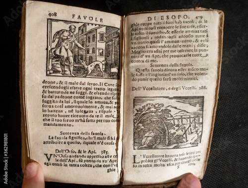 A small printed edition of Aesop's fables printed in Italian from the seventeenth century. 