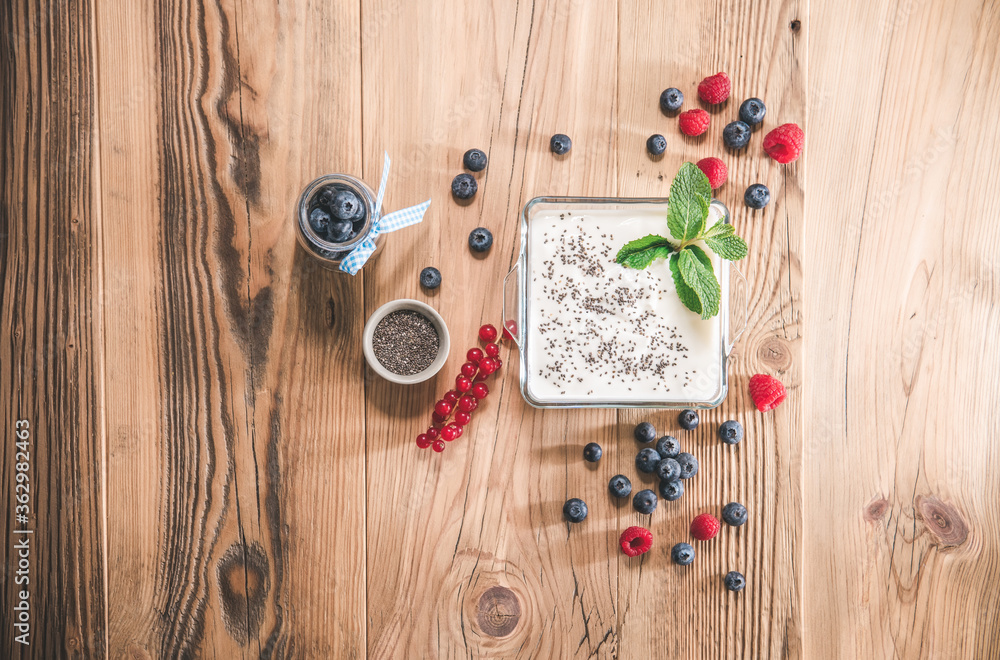 Portion of yogurt with berries serving in glass bowl. Portion of yogurt with berries serving in glass bowl.