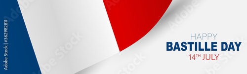 Bastille Day banner or header. July 14th France national holiday celebration. Blue, white, and red tricolor waving french flag. Vector illustration with lettering.