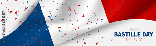 Bastille Day banner or header. July 14th France national holiday celebration. Blue, white, and red tricolor waving french flag. Vector illustration with lettering.