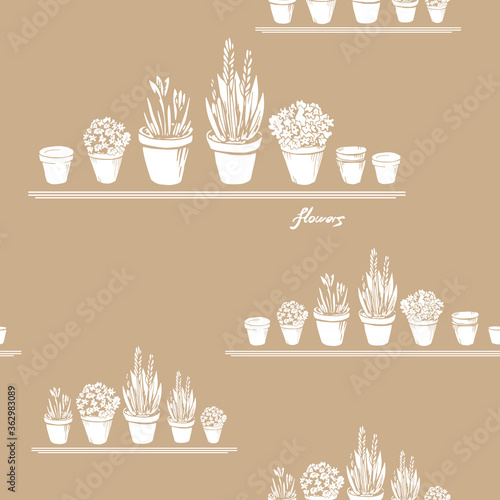Light simple art silhouette seamless pattern with shelves flowerpots, flower, pot. White elements on a beige background. Hand drawn vector illustration object. Home, garden, Interior concept or decor.
