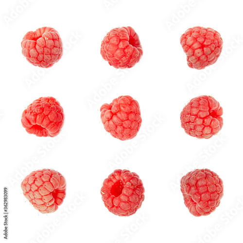 Ripe raspberries seamless pattern. Raspberries isolated on a white background. Raspberry collection, flat lay. Tropical abstract background. Raspberries on white. Collection. Top view.