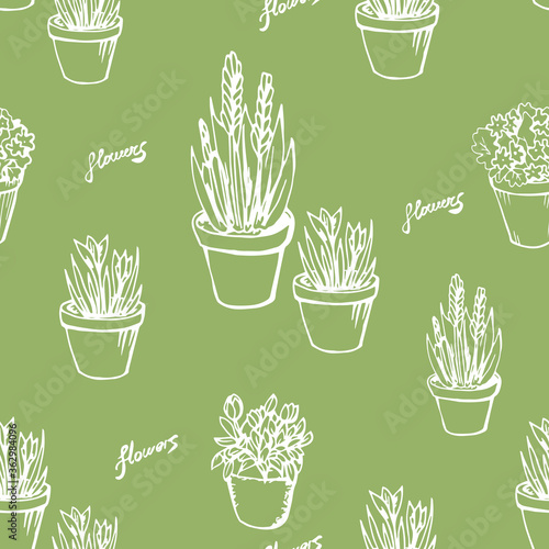 Stylish simple line art contour seamless pattern with flowerpots, flower. White elements on green background. Art drawn vector illustration object. Home, garden, interior concept.