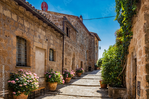 Civita di Bagnoregio, Viterbo, Tuscia, Lazio, Italy. A glimpse of the medieval village with the alleys and houses of tuff and stone bricks. Flower beds and flowering plants.