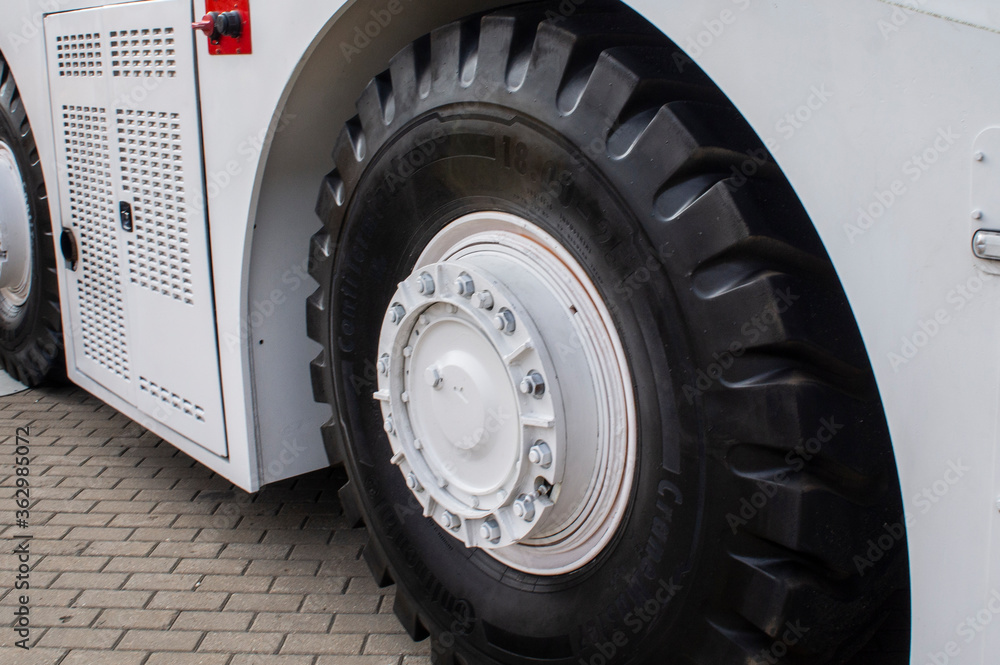 Huge car tire with a large tire tread. 07 July 2020, Minsk Belarus