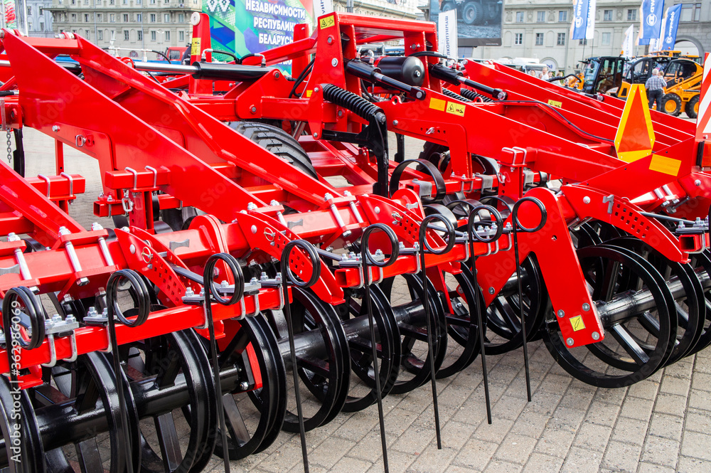 Agricultural machinery for harvesting. Cargo large mechanical device. 07 July 2020, Minsk Belarus