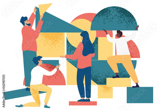 Diverse people working on puzzle of various geometric shapes. Teamwork concept. Flat vector illustration