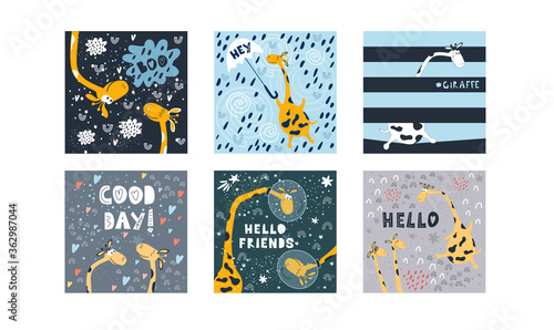 A set of illustrations of cute flying giraffes and written phrases in the space style. For printing on children's clothing, bedding, paper, and packaging. Drawn vector images