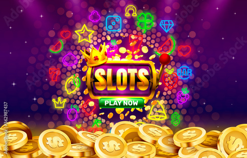 Vászonkép Play now slots neon icons, casino slot sign machine, night Vegas