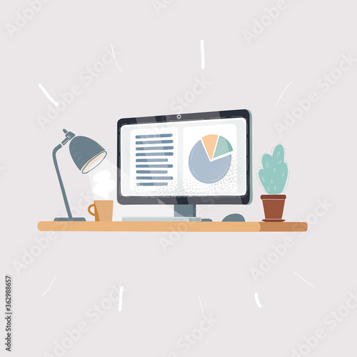 Home office desk - flat design, long shadow, work desk, computer and stationery