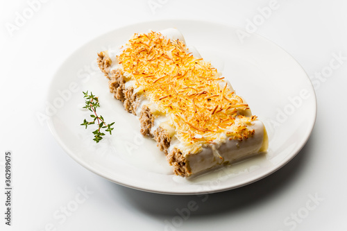 Dish of cannelloni with meat