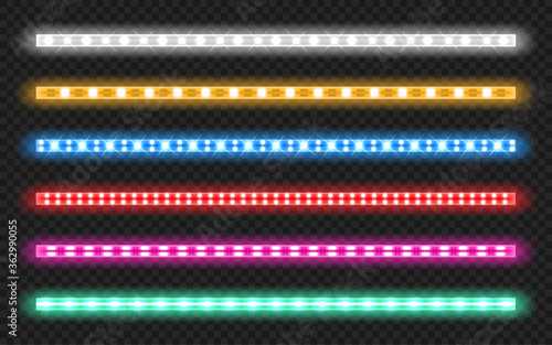 Led strips with neon glow effect isolated on transparent background. Vector realistic set of colored light stripes, glowing tape with red, green, blue and white lamp and diode bulbes