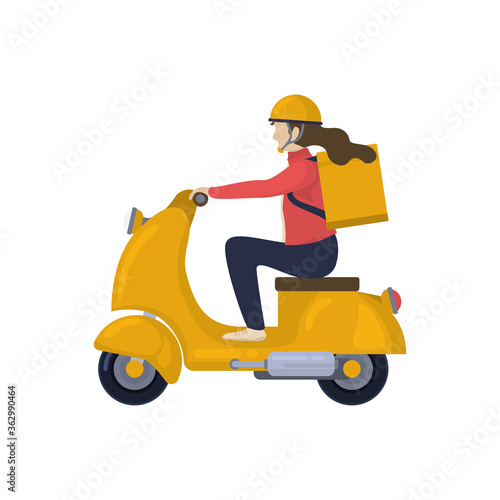 Scooter delivery  girl on motobike flat illutration. Vector.