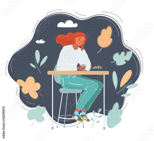 Vector illustration of Young woman sitting at cafe on dark background.