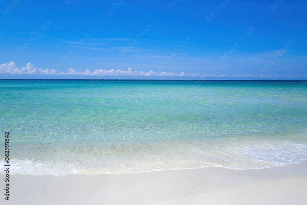 Sea panorama. Tropical ocean and beach. Blue water.