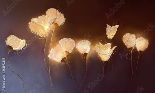 Fototapeta Naklejka Na Ścianę i Meble -  drawing glowing magic flowers on a dark background
