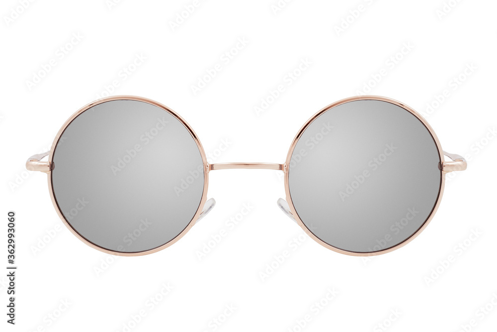 Round sunglasses with a gold frame and mirror lenses isolated on white background.