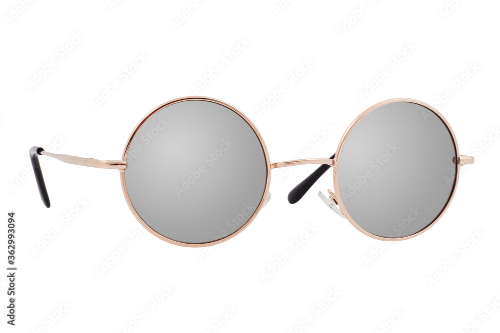 Round sunglasses with a gold frame and mirror lenses isolated on white background.