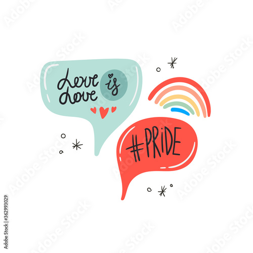 Gay Pride LGBT rainbow concept. Doodle style vector colorful illustration on a white background. Hand draw cartoon Scandinavian nordic design for fashion or interior or cover or textile or background.