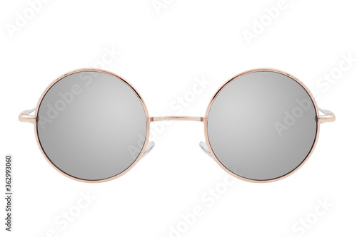 Round sunglasses with a gold frame and mirror lenses isolated on white background.