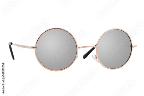 Obraz na płótnie Round sunglasses with a gold frame and mirror lenses isolated on white background. w salonie
