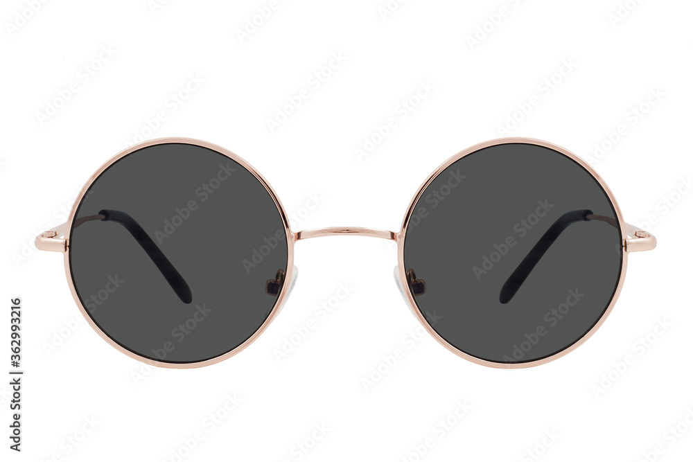 Round sunglasses with a gold frame and black lenses isolated on white background.
