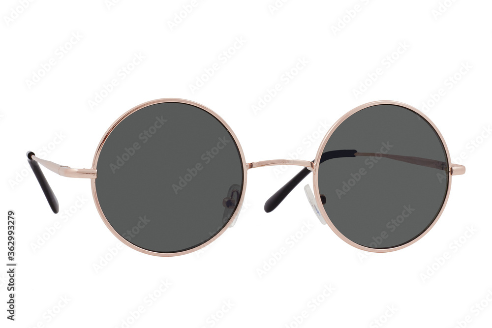 Round sunglasses with a gold frame and black lenses isolated on white background.